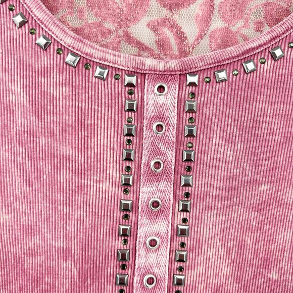 American Age Womens Y2K Studded Ribbed Lace Back Long Sleeve‎ Henley Top Size M - Picture 3 of 7